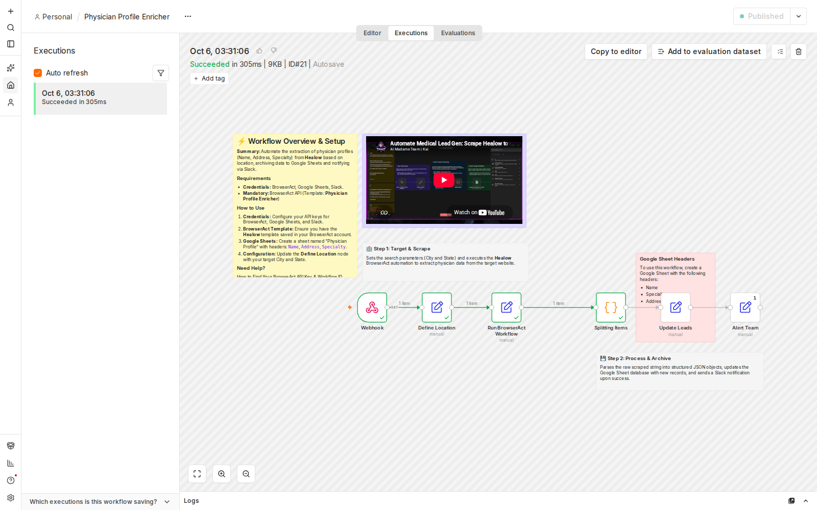 Successful execution of the How to Automate Physician Profile Extraction workflow in n8n