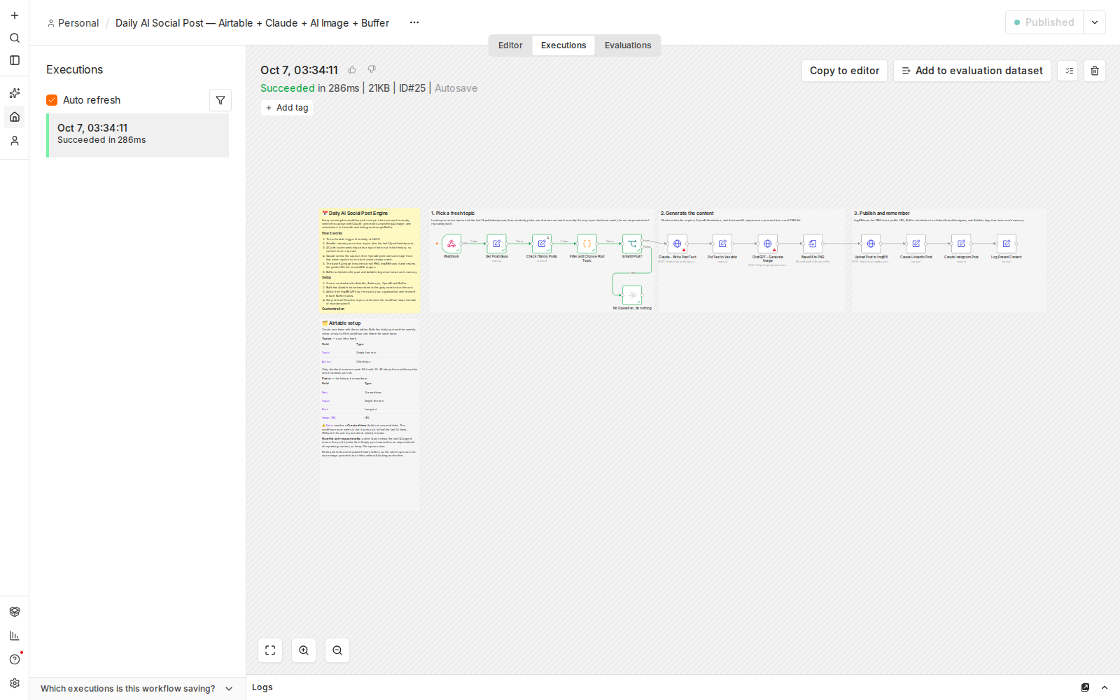 Successful execution of the How to Automate Daily AI Social Posts workflow in n8n