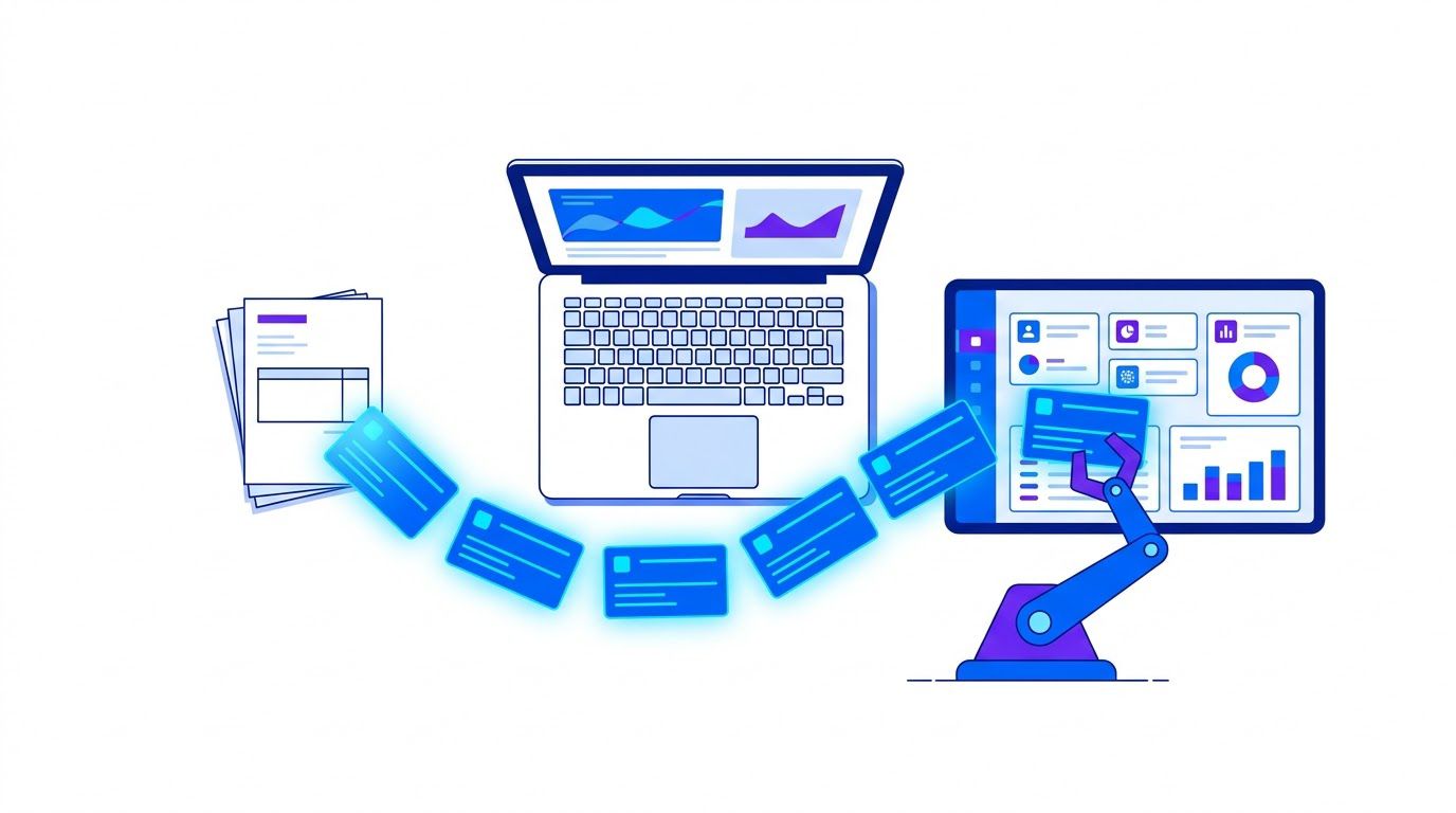 Illustration of paper invoices turning into digital cards that flow into a tidy dashboard while a small robot arm sorts them