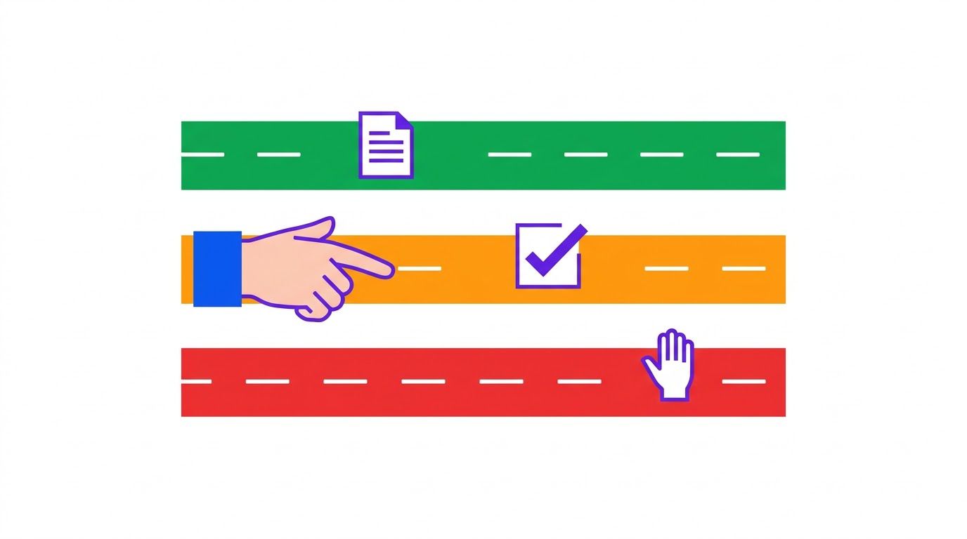 Three lanes in green, orange and red with small document icons moving along each lane and a human hand supervising the orange lane