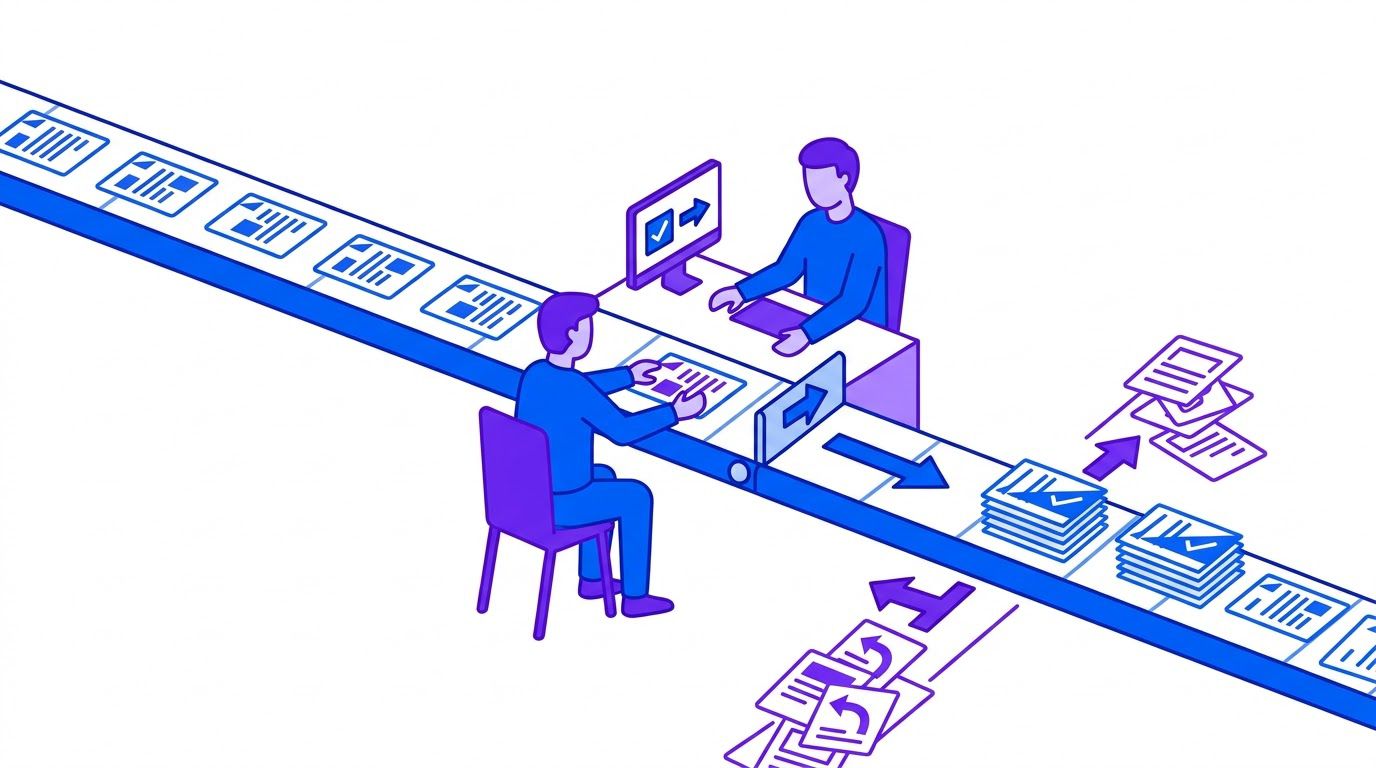 A conveyor belt of document cards passing a checkpoint where a person at a small desk approves or sends back cards