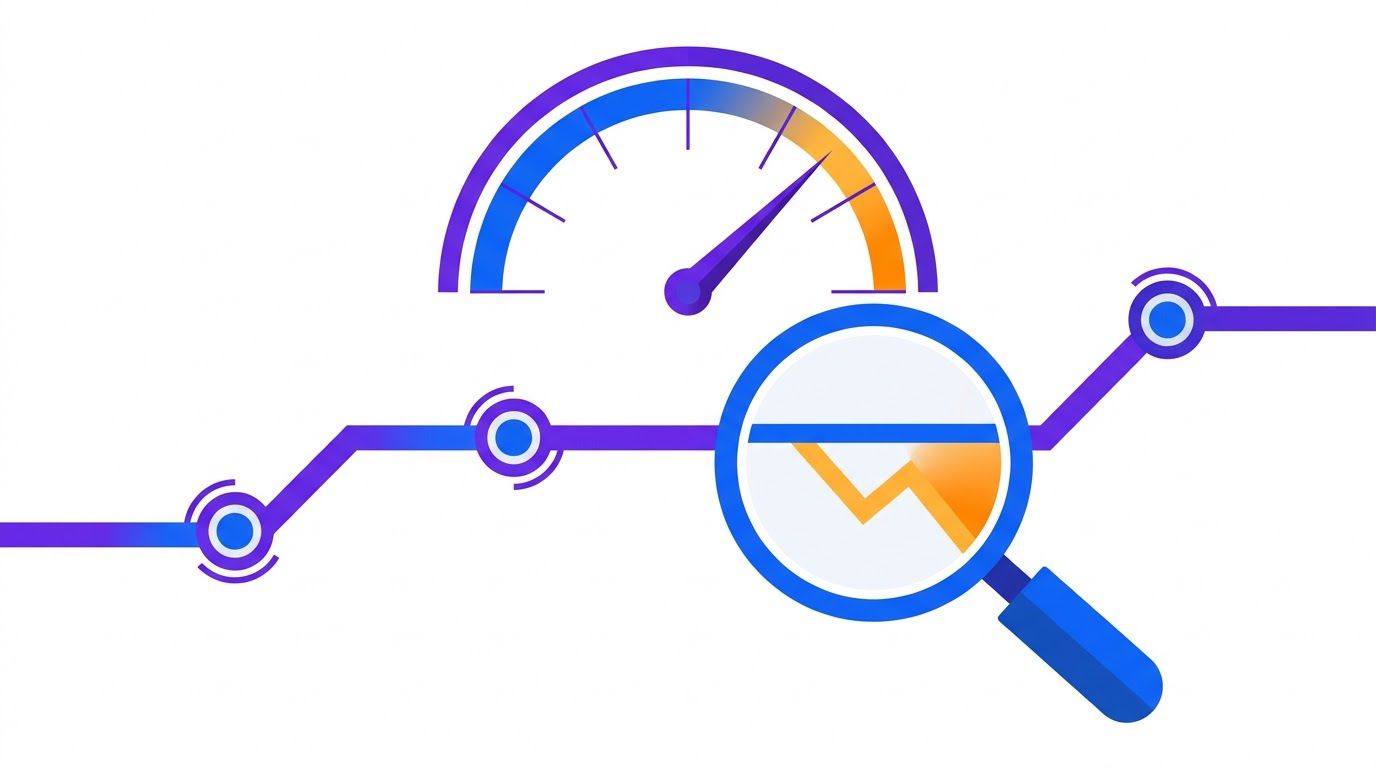 An abstract gauge dial moving from a calm blue zone into an orange warning zone with a magnifying glass over one point on a line