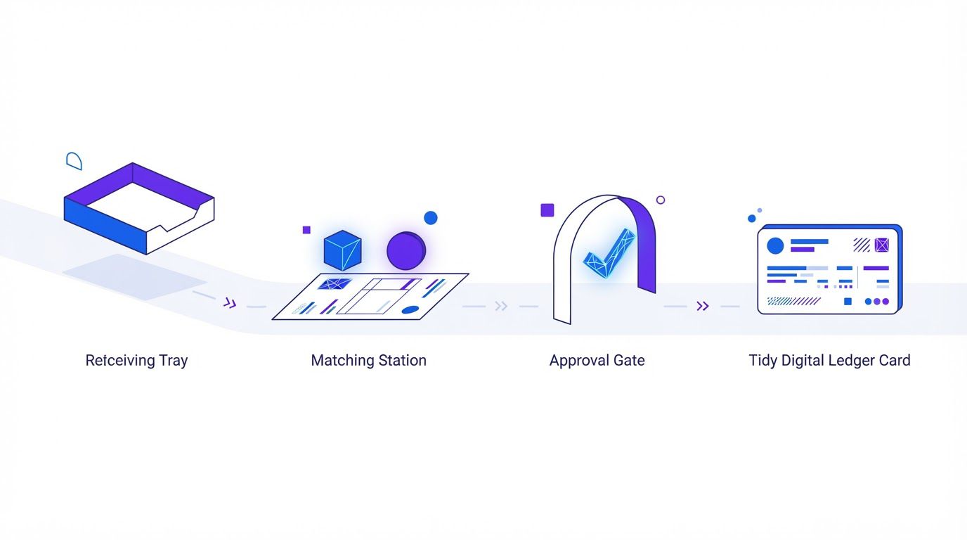 A single paper invoice travelling along a three-stage path through a receiving tray, a matching station and an approval gate, ending in a tidy digital ledger card