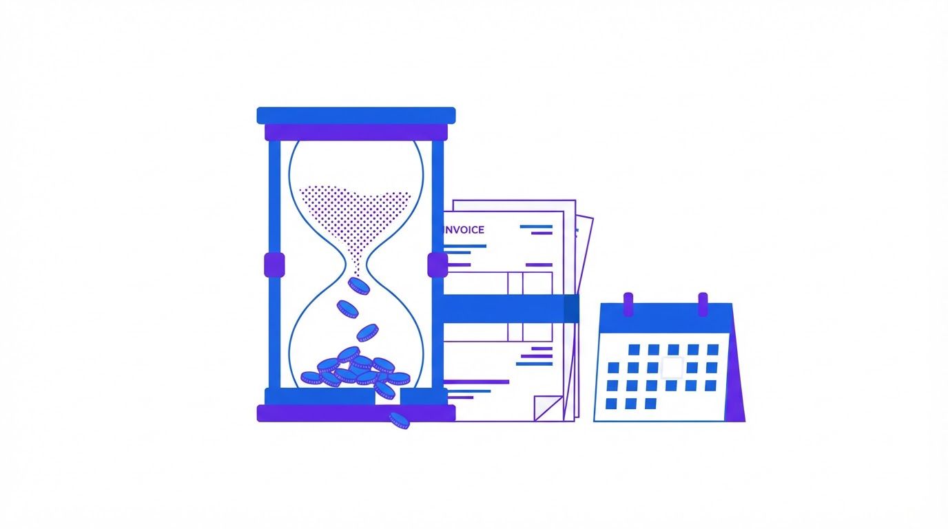 An hourglass whose sand turns into small coins slipping away, with a stack of paper invoices beside it and a small calendar with a missing day