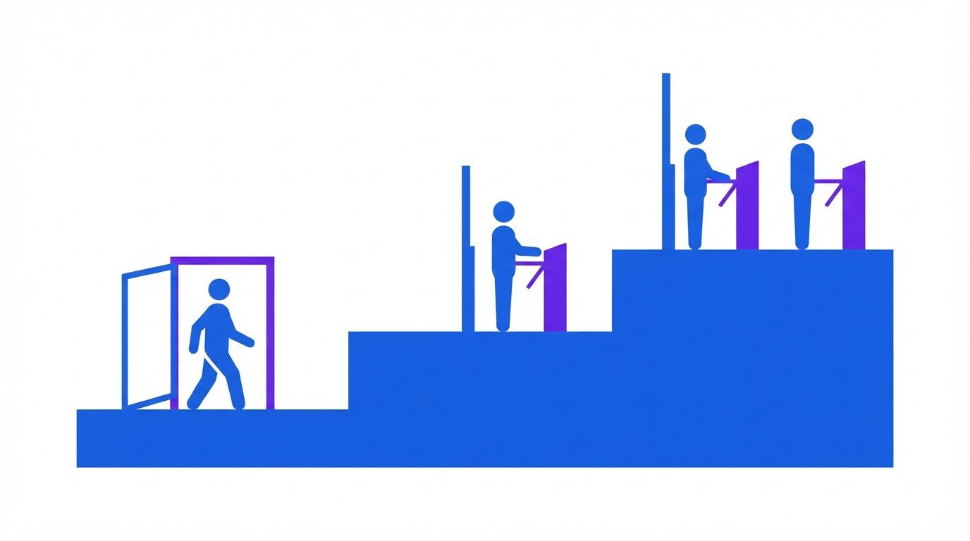 Three ascending steps, each with a gate: the first gate is open, the second has one checkpoint, and the third has two checkpoints, with abstract faceless figure icons