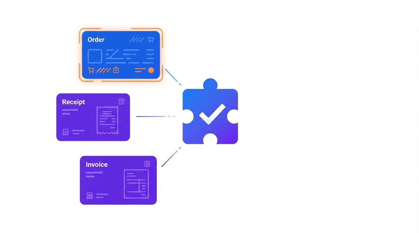 Three document cards, an order, a receipt and an invoice, converging into a central puzzle-like matching piece with a check mark, with one card slightly offset and highlighted in orange
