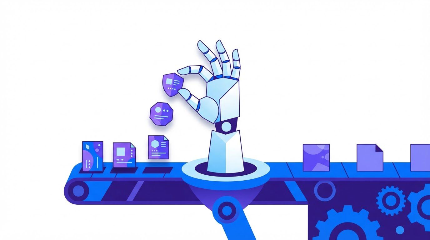Five distinct small document cards lifted out of a conveyor belt by an open human hand while the rest of the belt continues smoothly