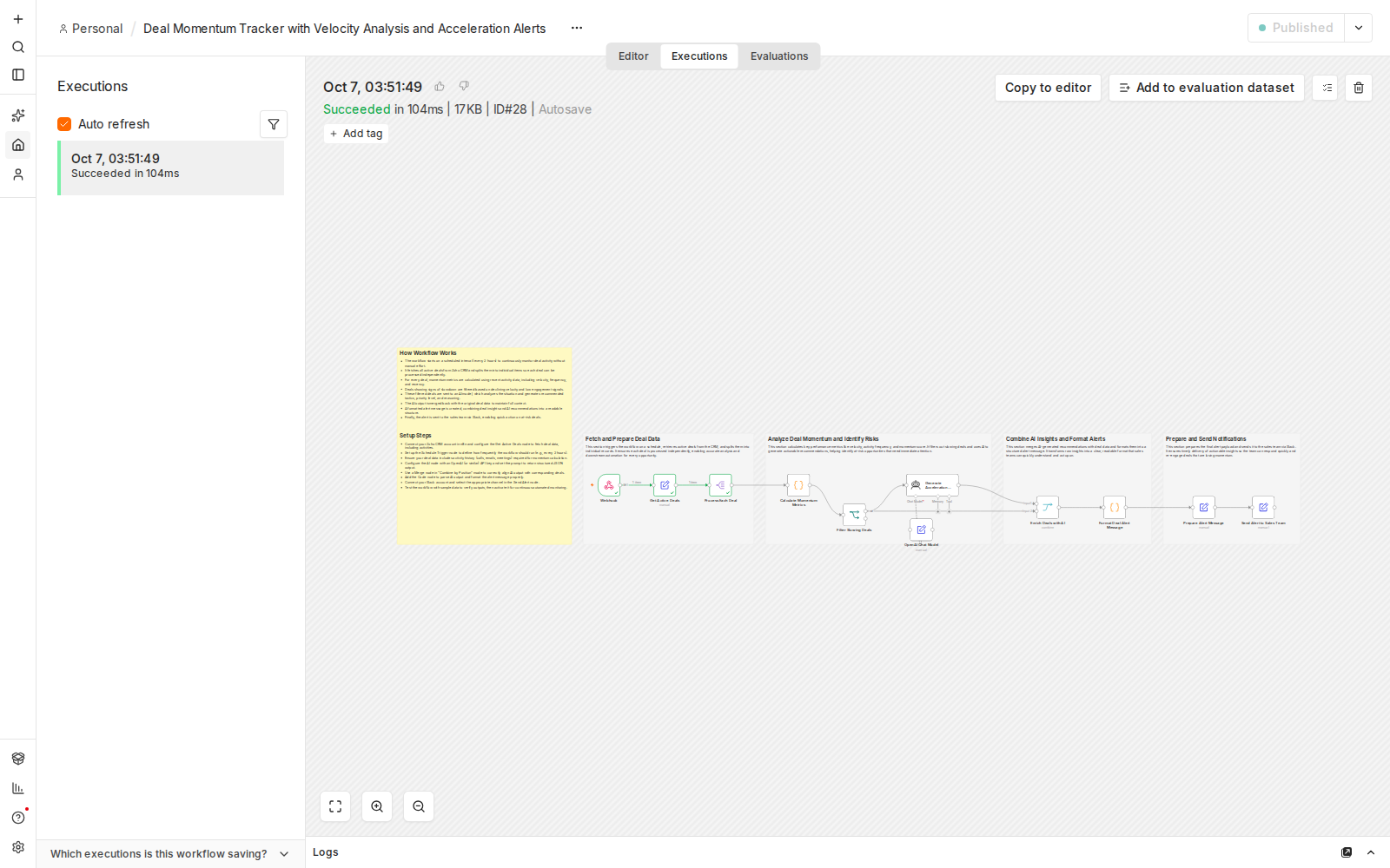 Successful execution of the How to Automate Deal Tracking with Alerts workflow in n8n